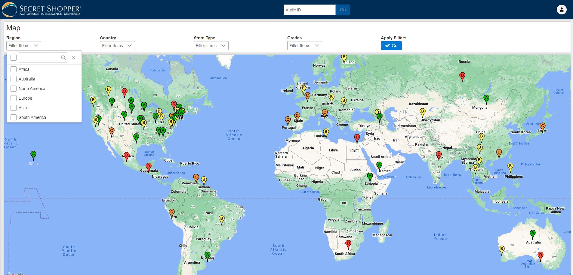 Analytics dashboard with location and performance data